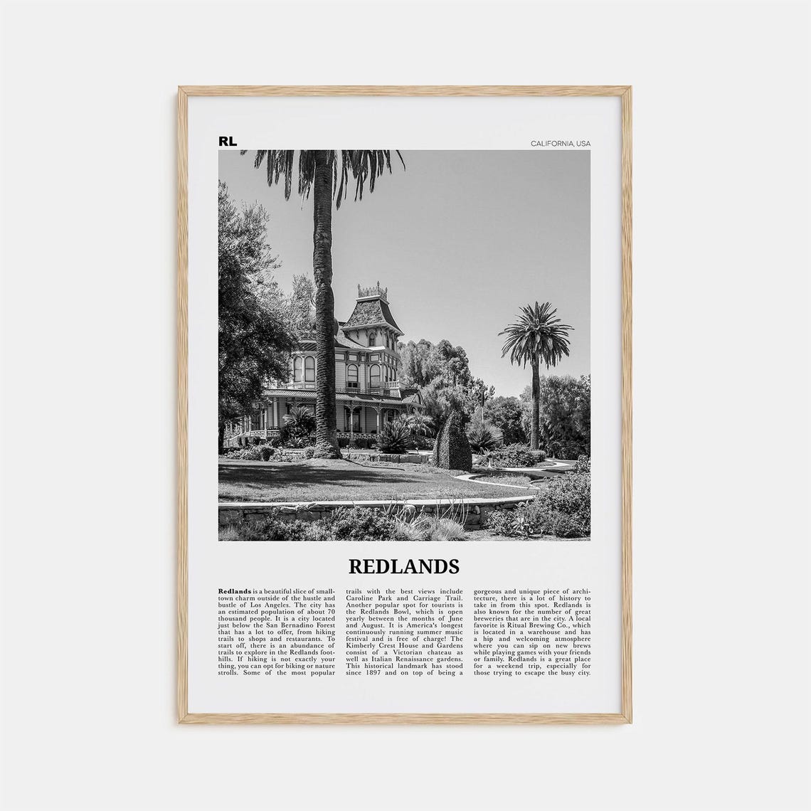 Redlands Black And White Travel Poster, California USA