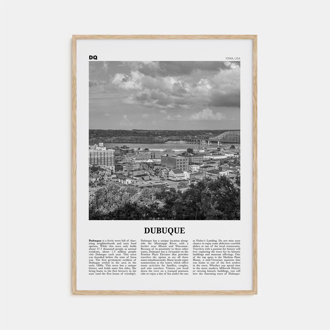 Dubuque, Iowa Travel Poster, Black And White Map