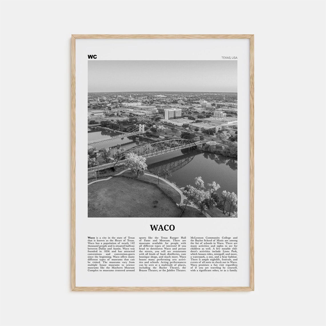 Waco Black and White Travel Poster, Texas USA