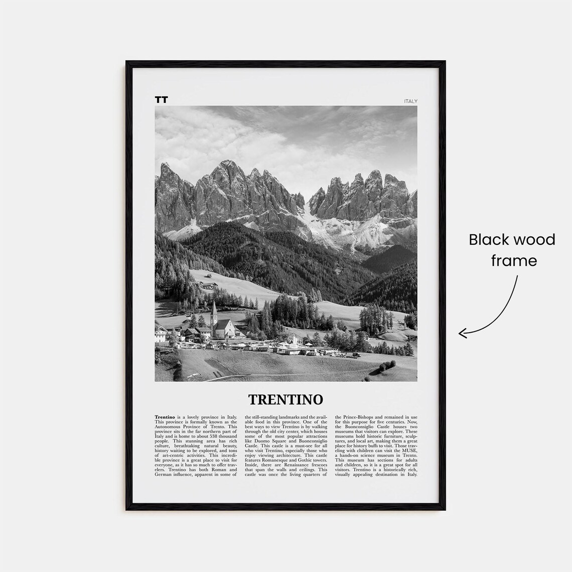Trentino Black and White Travel Map Poster, Italy - Image 3