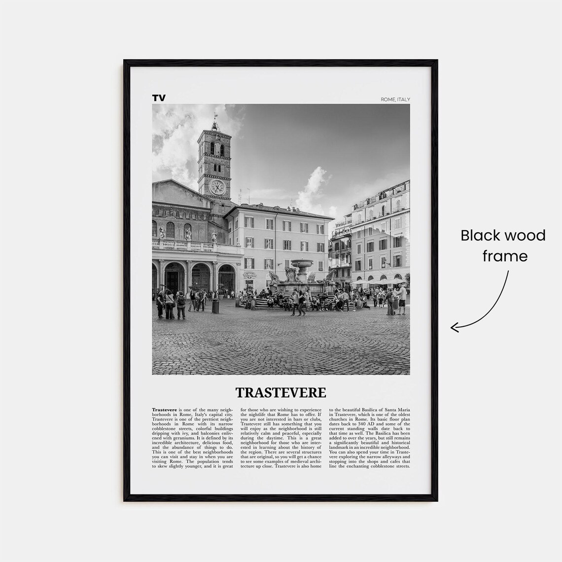 Trastevere Black and White Travel Poster, Rome - Image 3