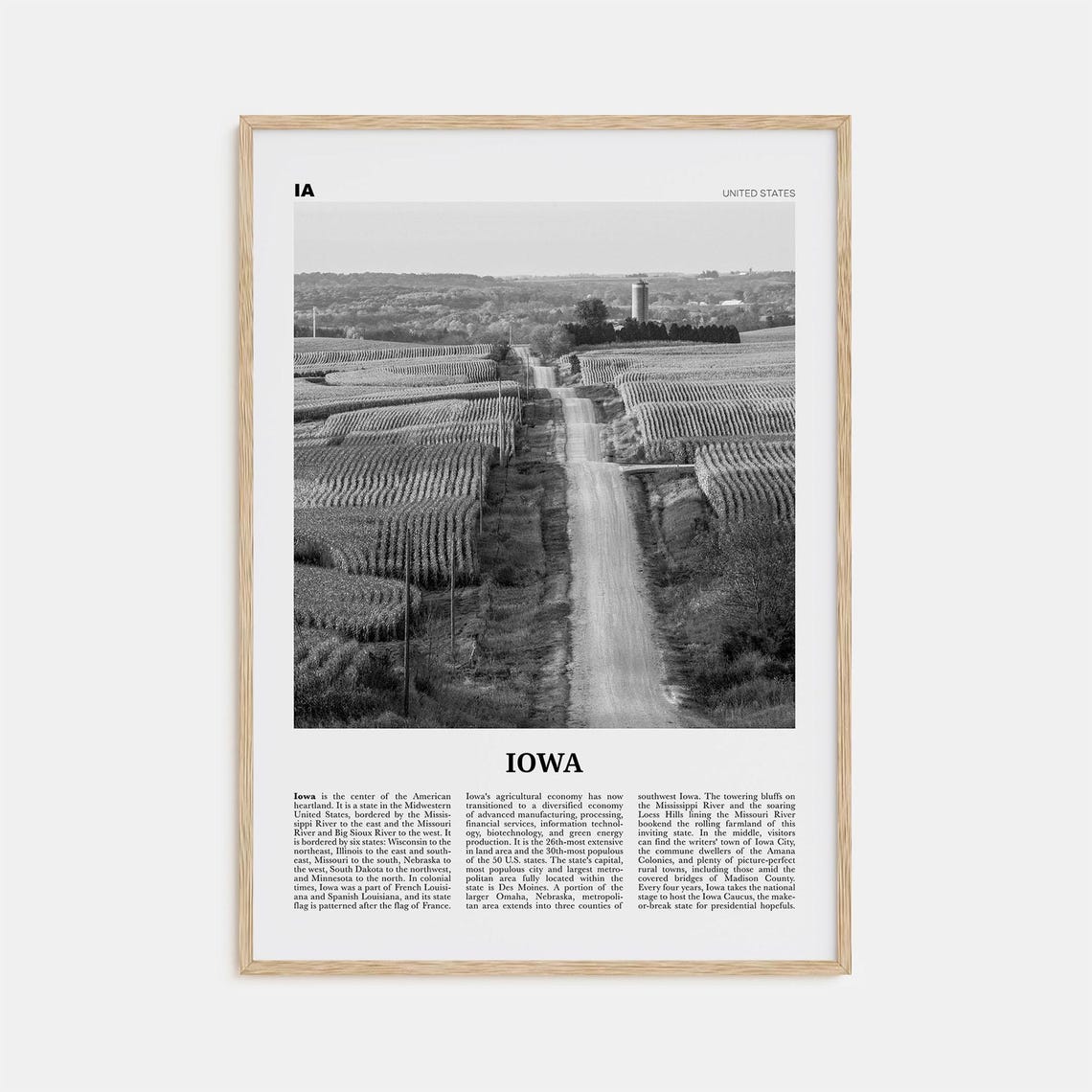 Iowa Black and White No. 1 Wall Map Art Print
