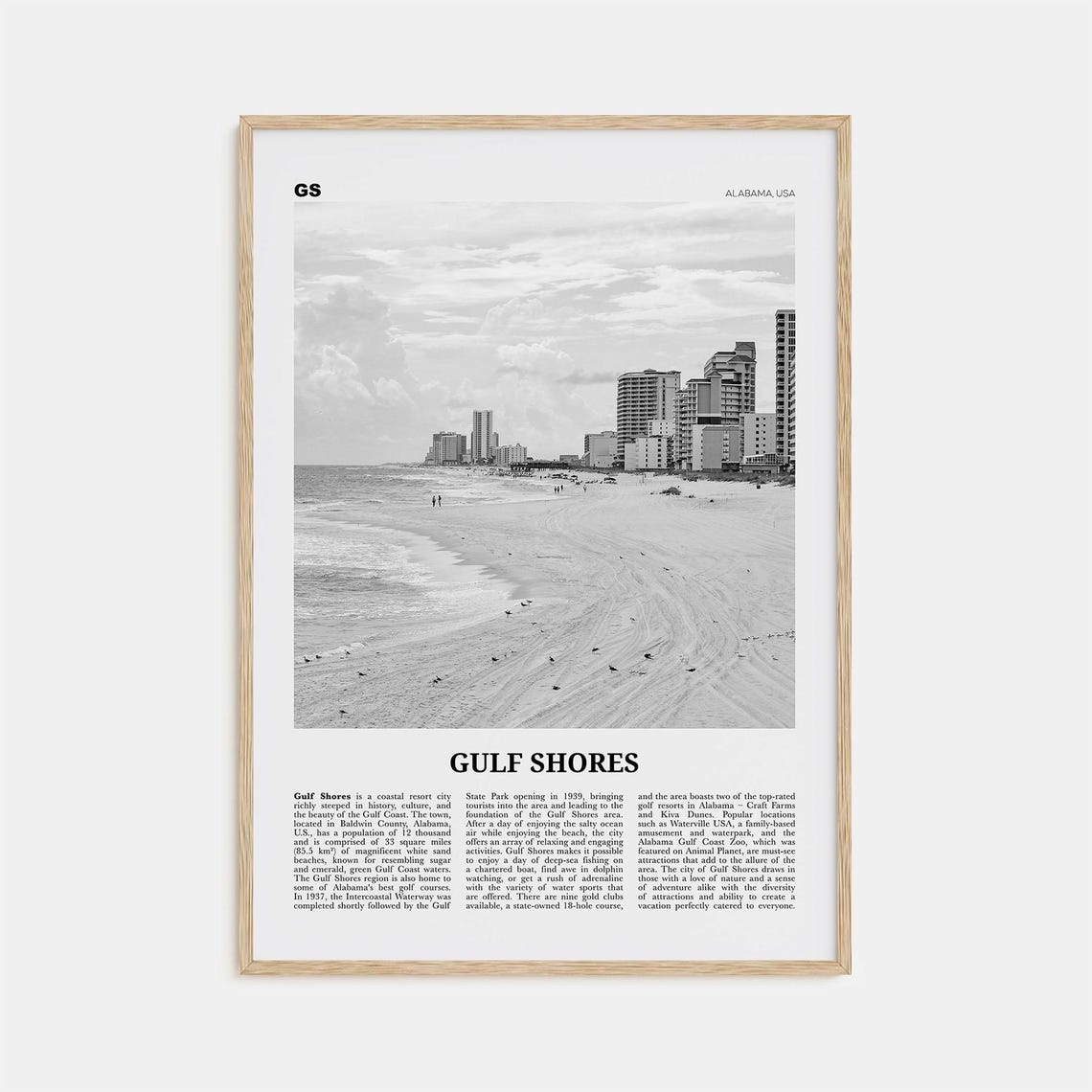 Gulf Shores Black and White Travel Poster, Alabama