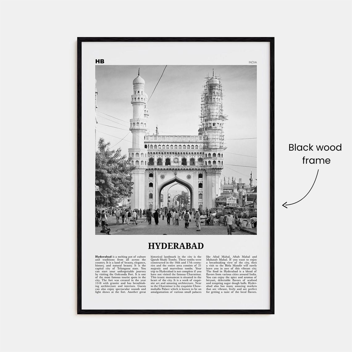 Hyderabad Black and White Map Travel Poster, India - Image 3