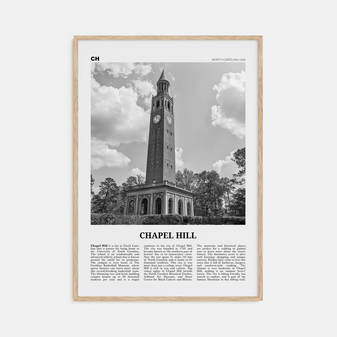 Chapel Hill Black and White Travel Poster, North Carolina