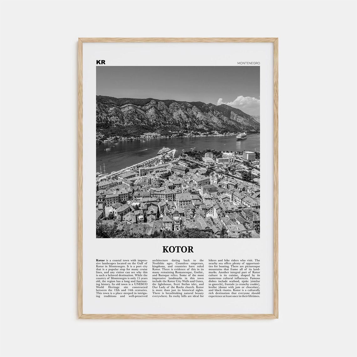 Kotor Black and White Travel Poster, Montenegro