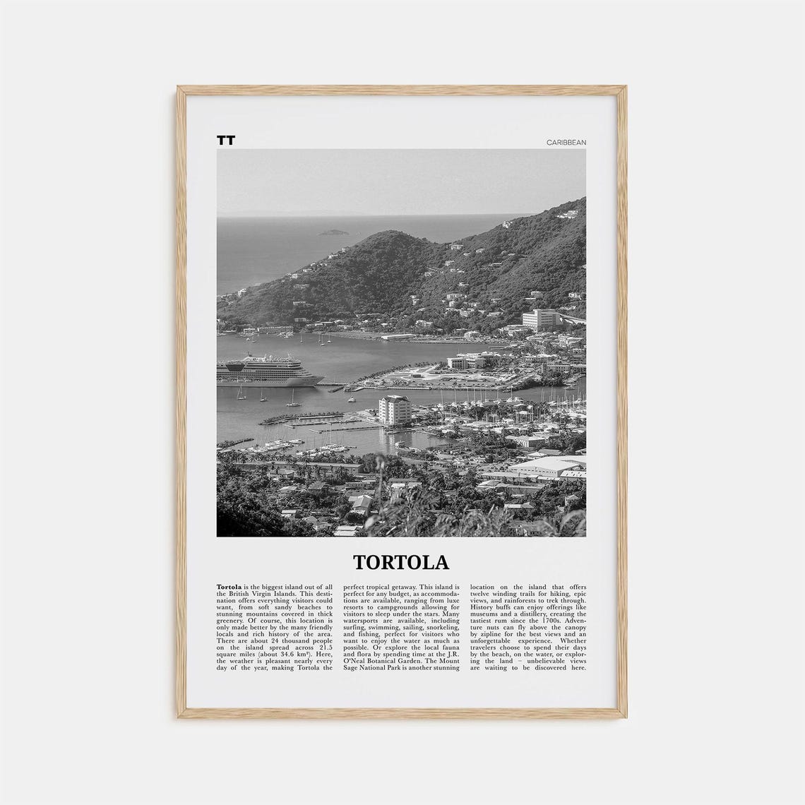 Tortola Black and White Travel Poster, Caribbean Map