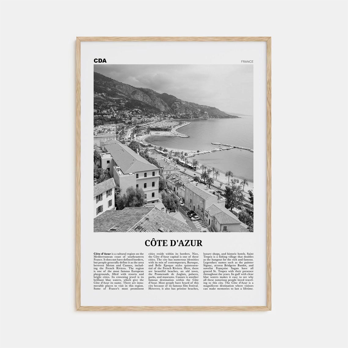 Cte Dazur Black and White Travel Poster, France