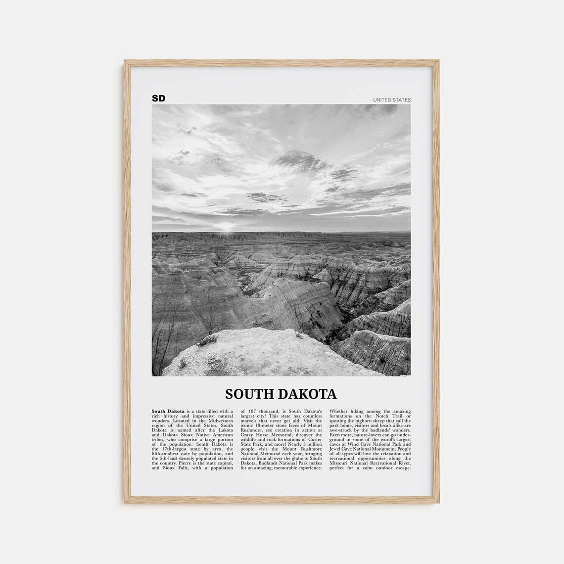 South Dakota Black and White No. 2 Travel Poster