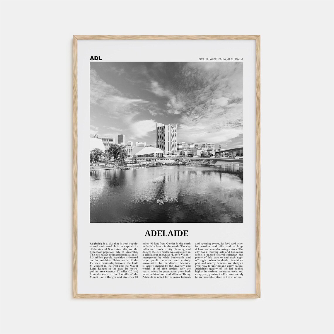 Adelaide Black and White Travel Poster, Australia