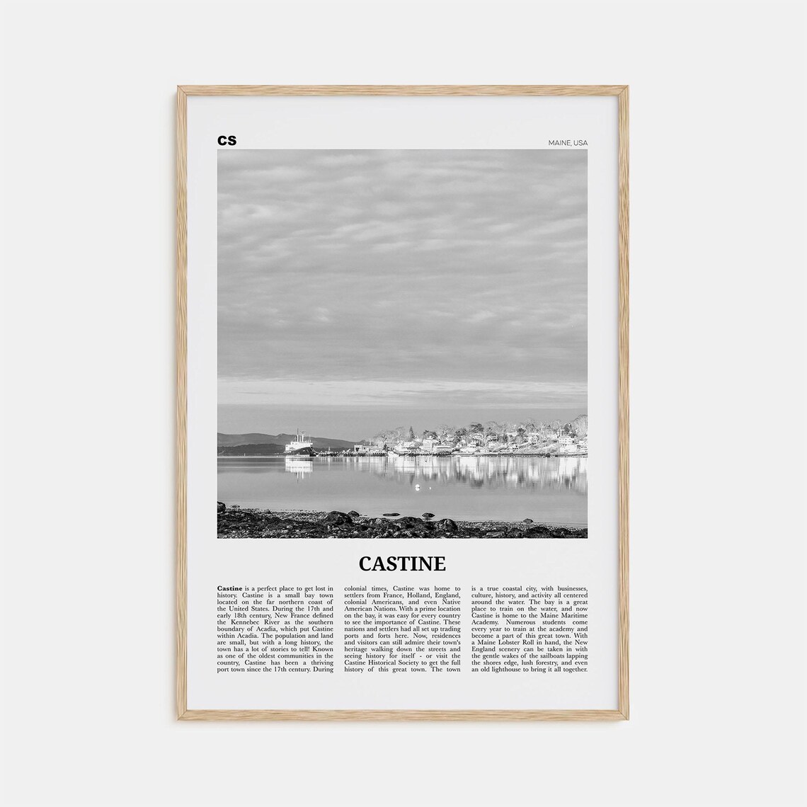 Castine Black and White Travel Poster, Maine Map