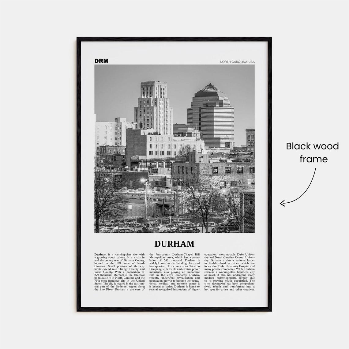 Durham Black and White Travel Poster, North Carolina - Image 3
