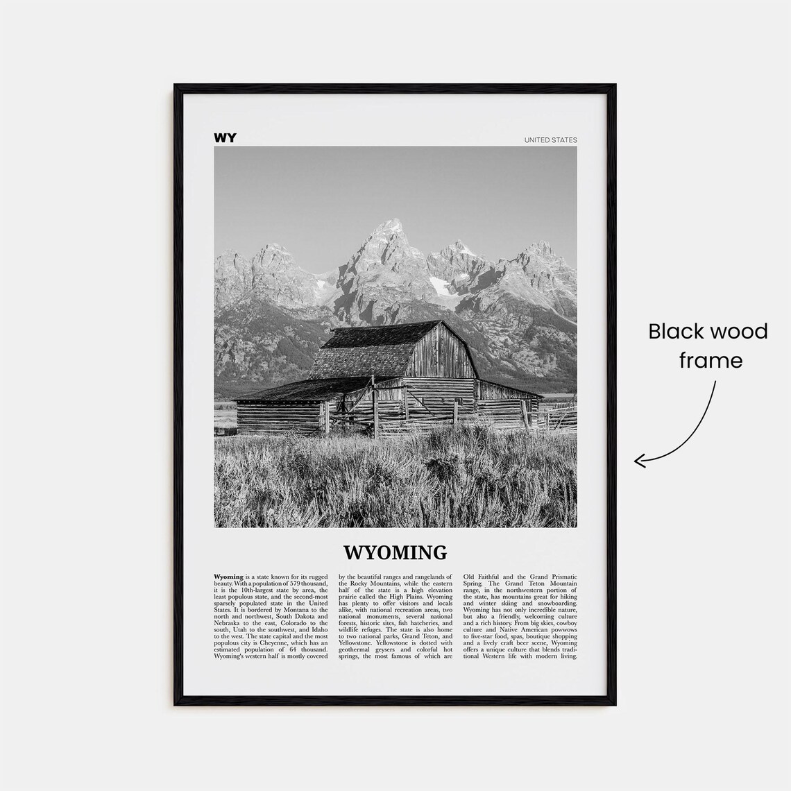Wyoming Black and White No. 1 Travel Poster Print - Image 3