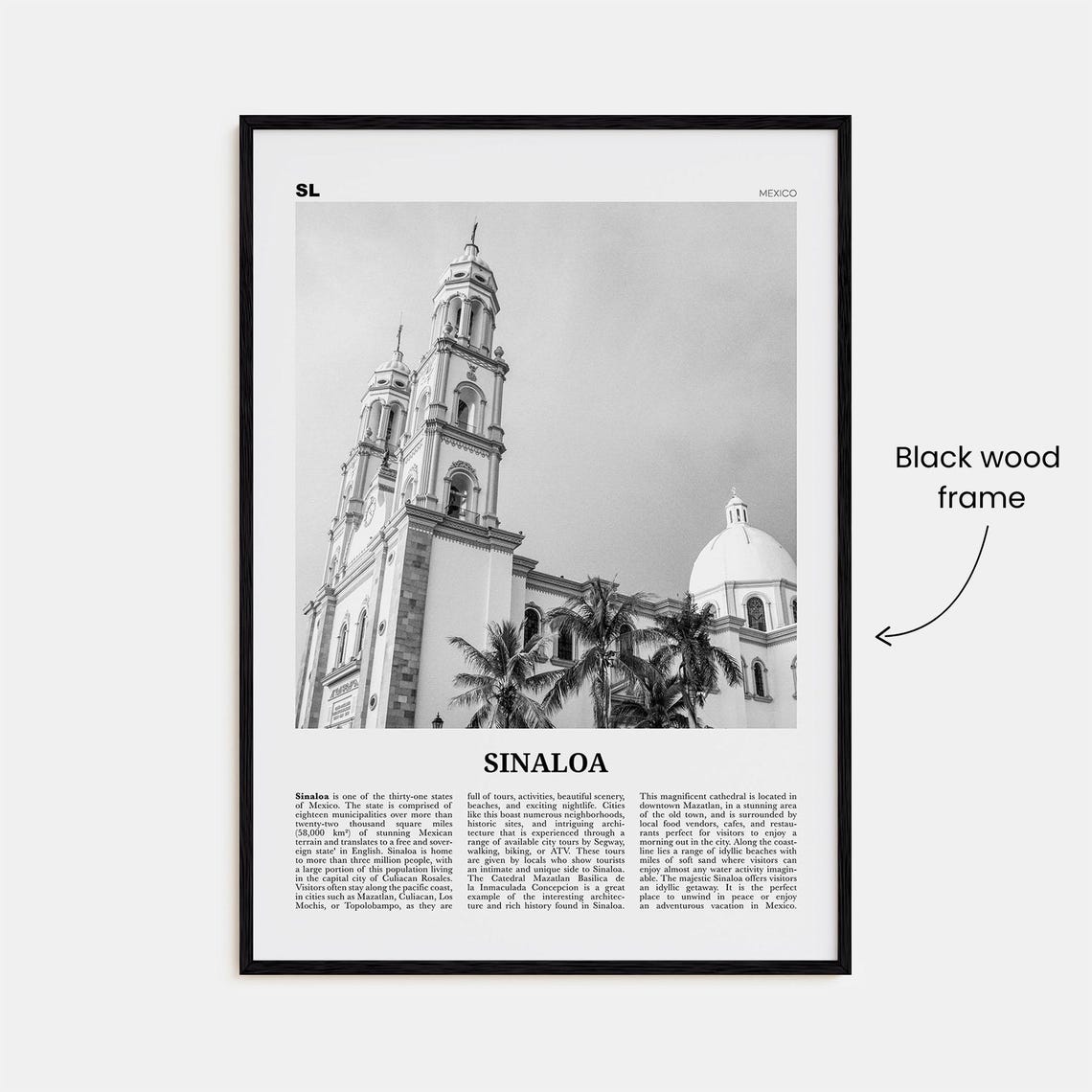 Sinaloa Black and White Map of Mexico Art Print - Image 3