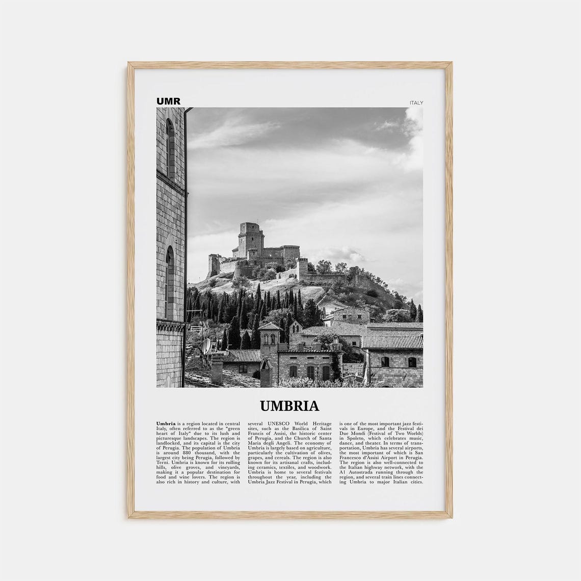 Umbria Black and White Map Art Print, Italy Wall