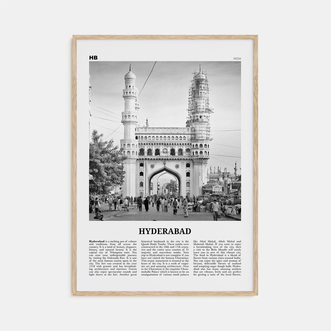 Hyderabad Black and White Map Travel Poster, India