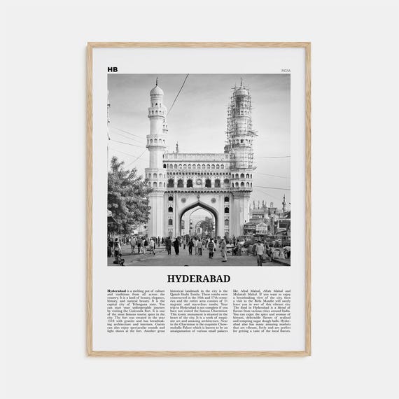 Hyderabad Black and White Map Travel Poster, India