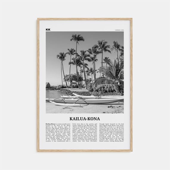 Kailua Kona Black and White Travel Poster, Hawaii USA