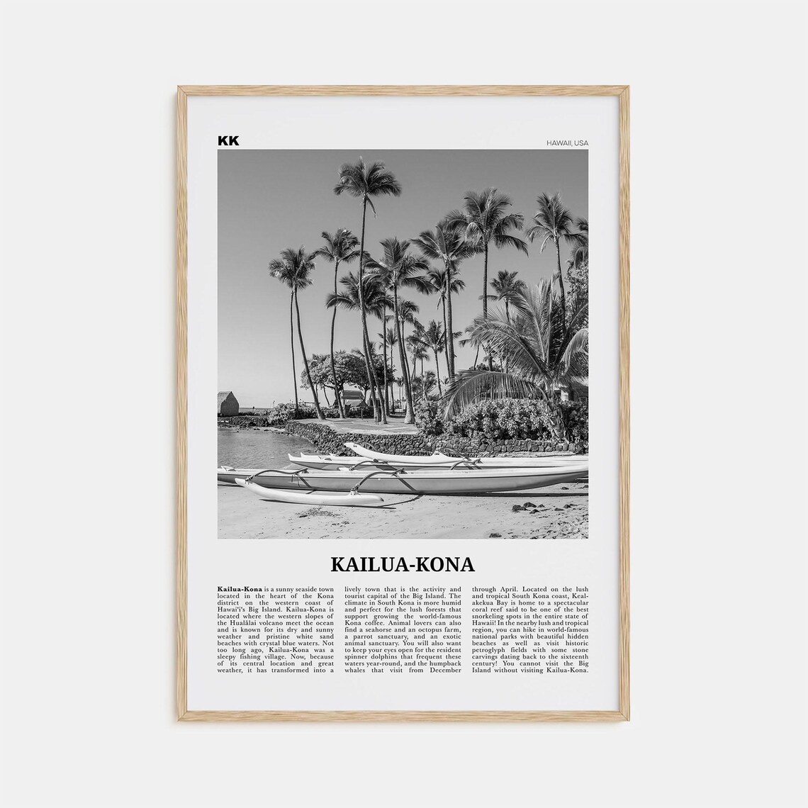 Kailua Kona Black and White Travel Poster, Hawaii USA