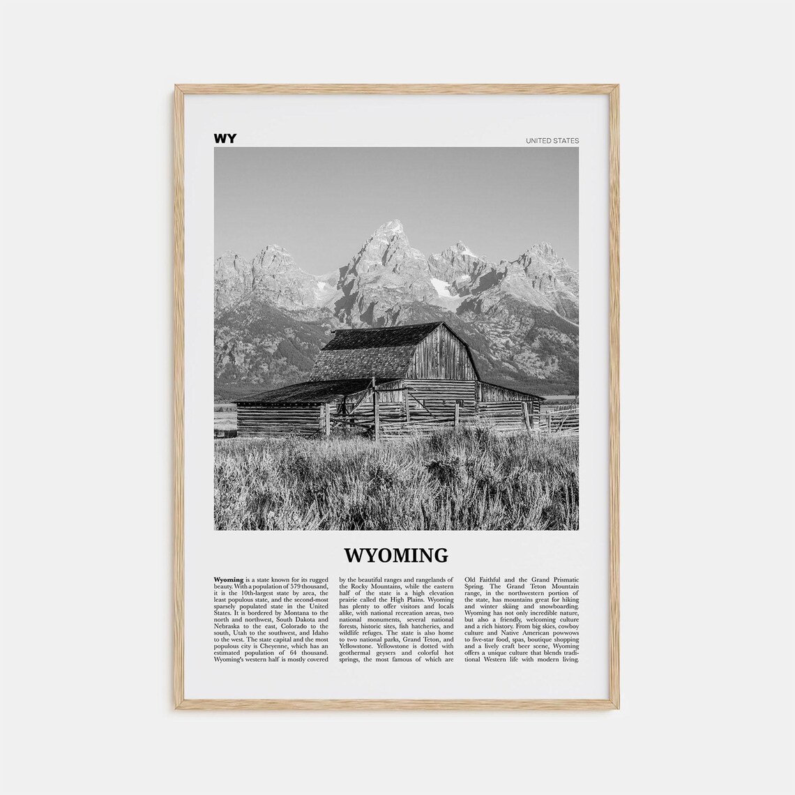 Wyoming Black and White No. 1 Travel Poster Print