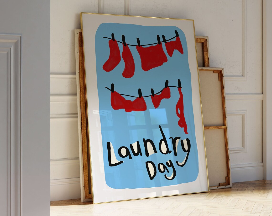 Laundry Day Wall Art Cute Red Clothesline On Blue Retro Laundry Room Decor