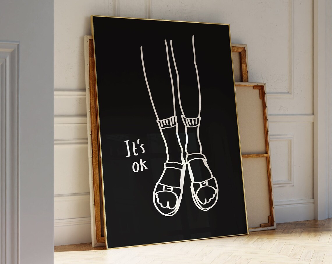 Its Ok Socks and Sandals Black White Minimalist Line Art Poster