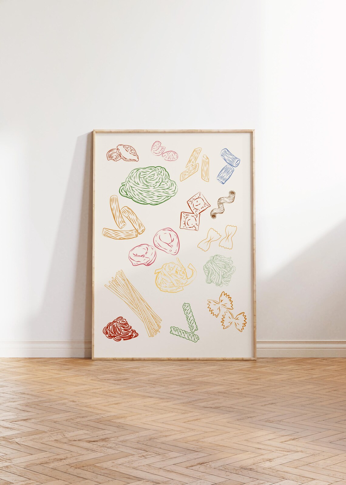 Colorful Pasta Shapes Line Illustration Kitchen Food Poster Decor