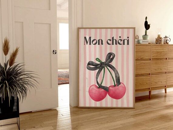 Trendy Mon Cheri Print Retro Coquette Wall Art Cherry Aesthetic Living Room Decor Preppy Bedroom Decor Teens Dorm Room College Apartment Art