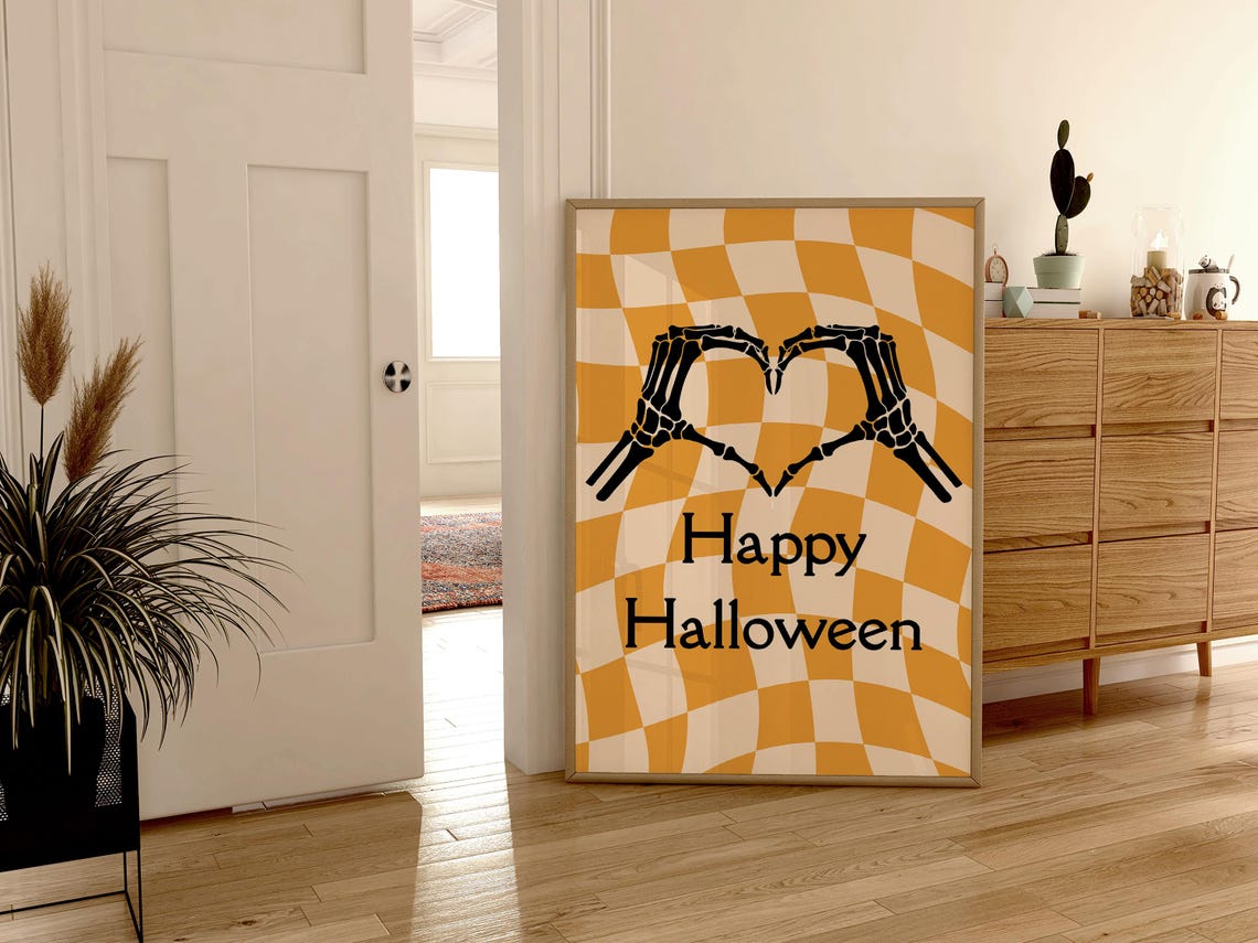 Skeleton Hands Heart Happy Halloween Orange Checkered Wall Art - Image 2
