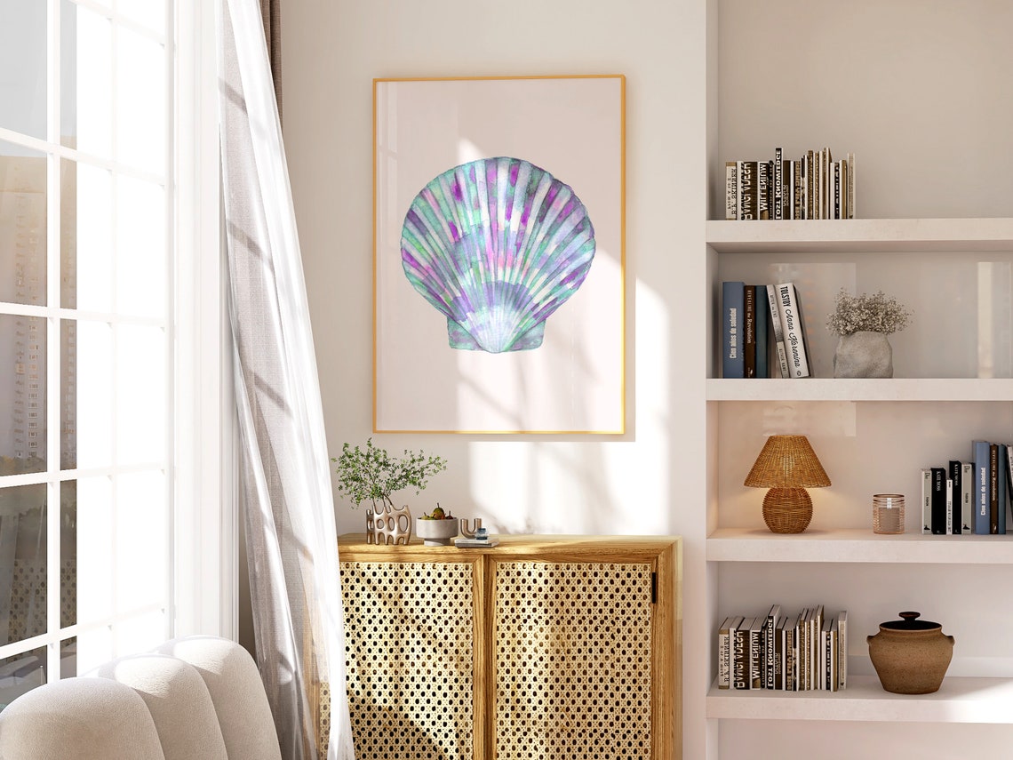 Pastel Rainbow Scallop Shell Watercolor Minimal Coastal Wall Art - Image 3