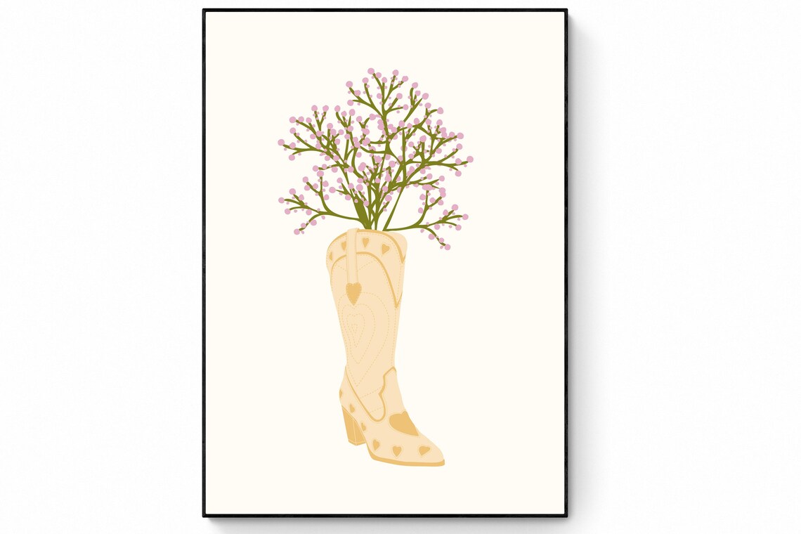 Cowgirl Boots With Flowers Retro Art Print