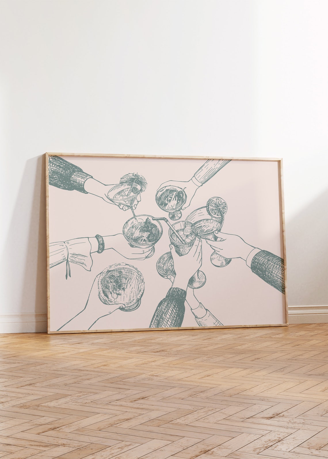 Sage Green Cheers Cocktail Hands Toast Line Art Retro Bar Cart Print - Image 2