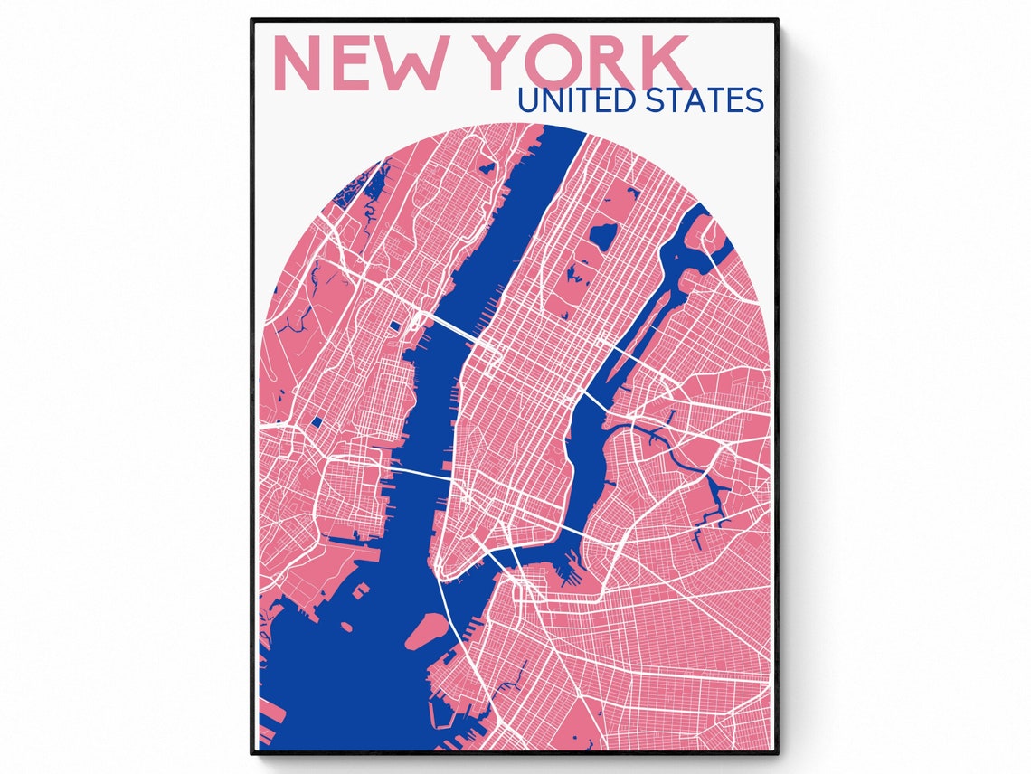 New York City Pink Blue Retro Street Map Poster for Travel Decor