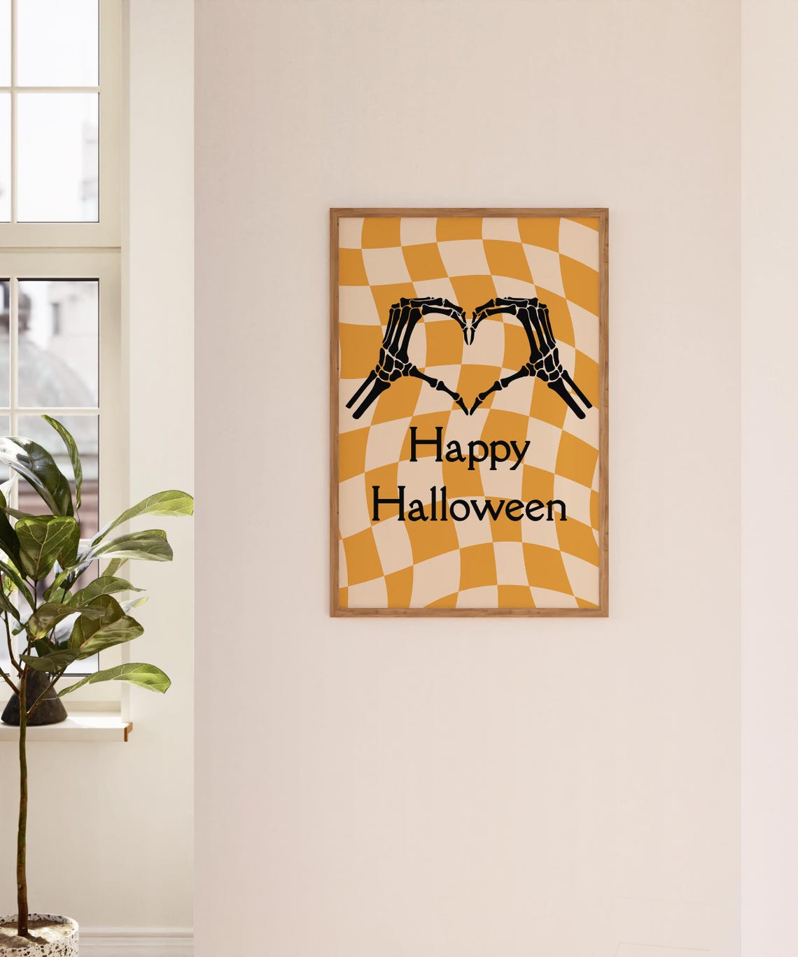 Skeleton Hands Heart Happy Halloween Orange Checkered Wall Art - Image 3