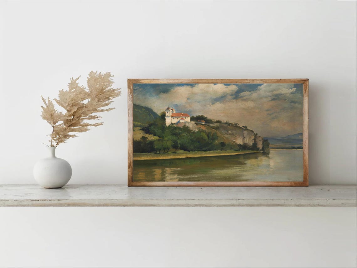 Riverside Castle White Chapel Forested Hill European Landscape Poster - Image 4