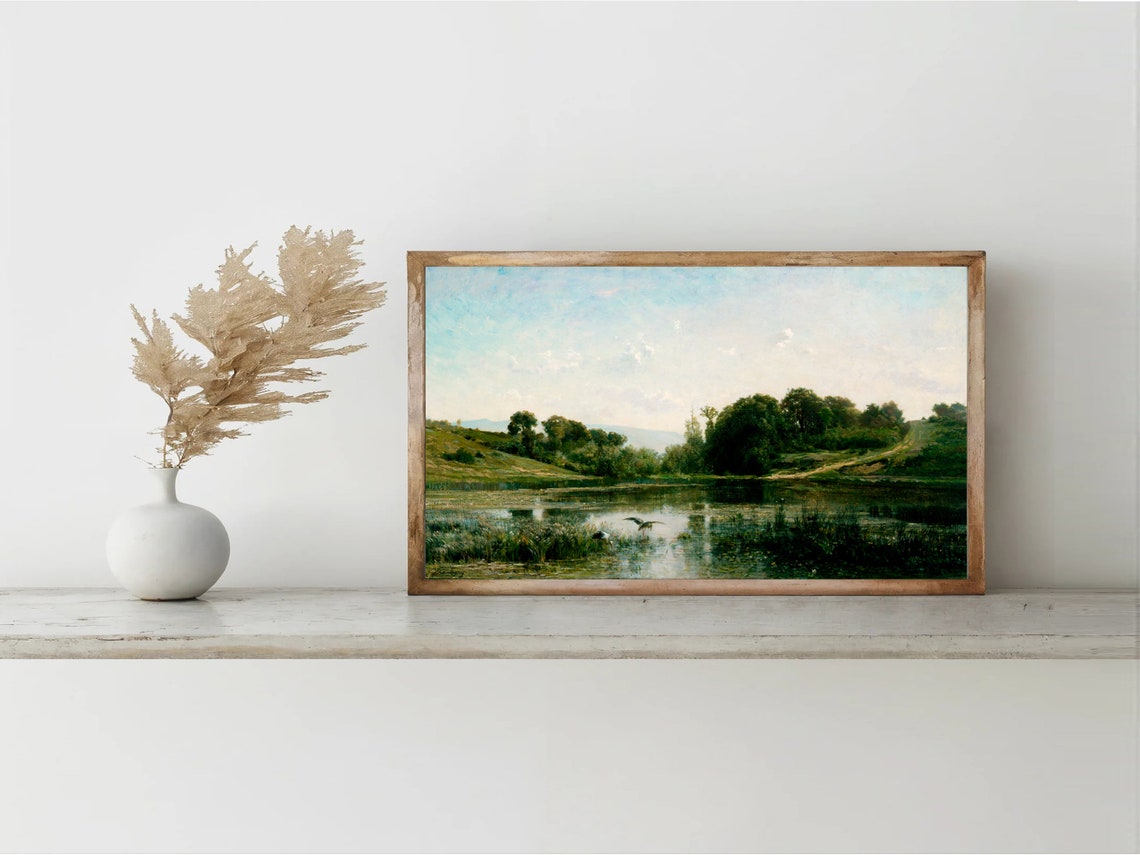 Muted Green Pond Landscape Vintage Countryside Bird Painting Poster - Image 4