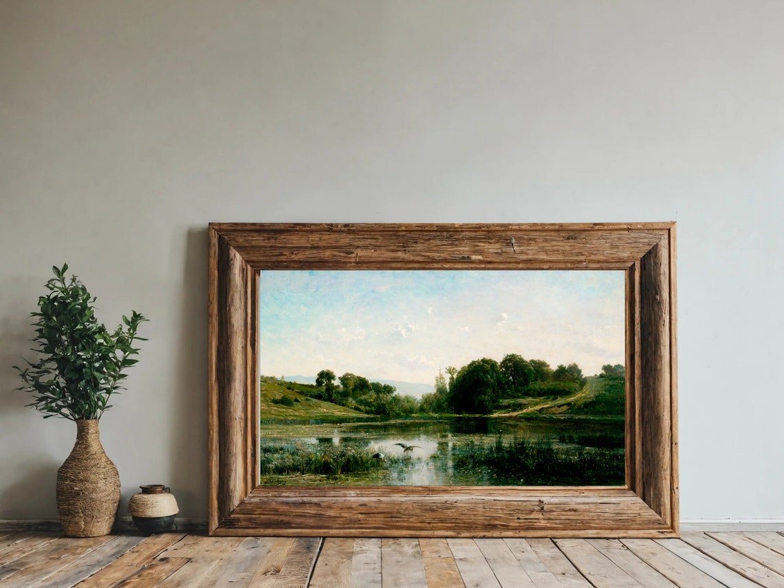 Muted Green Pond Landscape Vintage Countryside Bird Painting Poster - Image 8