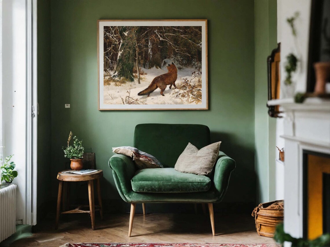 Red Fox Snowy Winter Forest Vintage Wildlife Woodland Painting Poster - Image 8