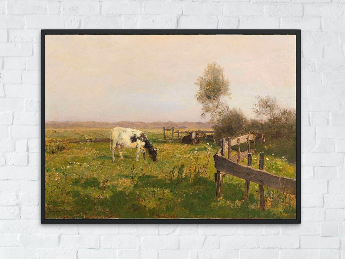 Vintage Cow Grazing Pasture Farm Animal Muted Rustic Painting Poster