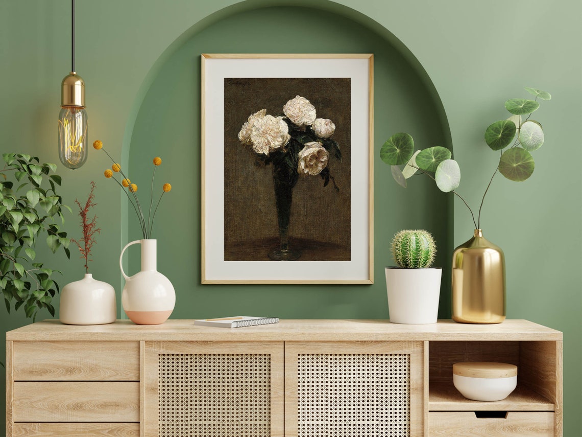 White Roses Tall Glass Vase Dark Background Vintage Floral Poster - Image 6