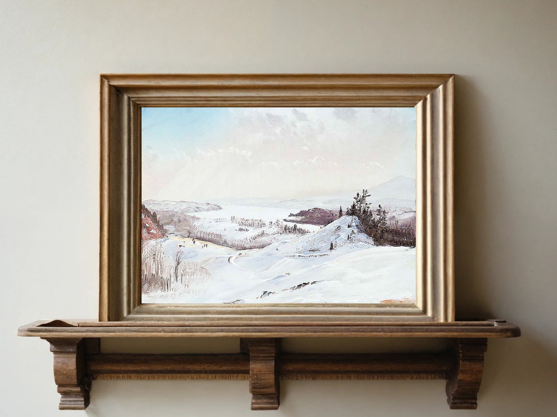 Snowy Winter Valley Pine Hills Frozen River Landscape Poster