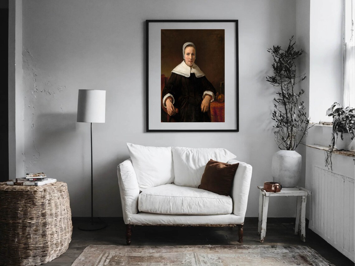 Rembrandt Woman Holding Pink Flower Dutch Golden Age Portrait Poster - Image 2