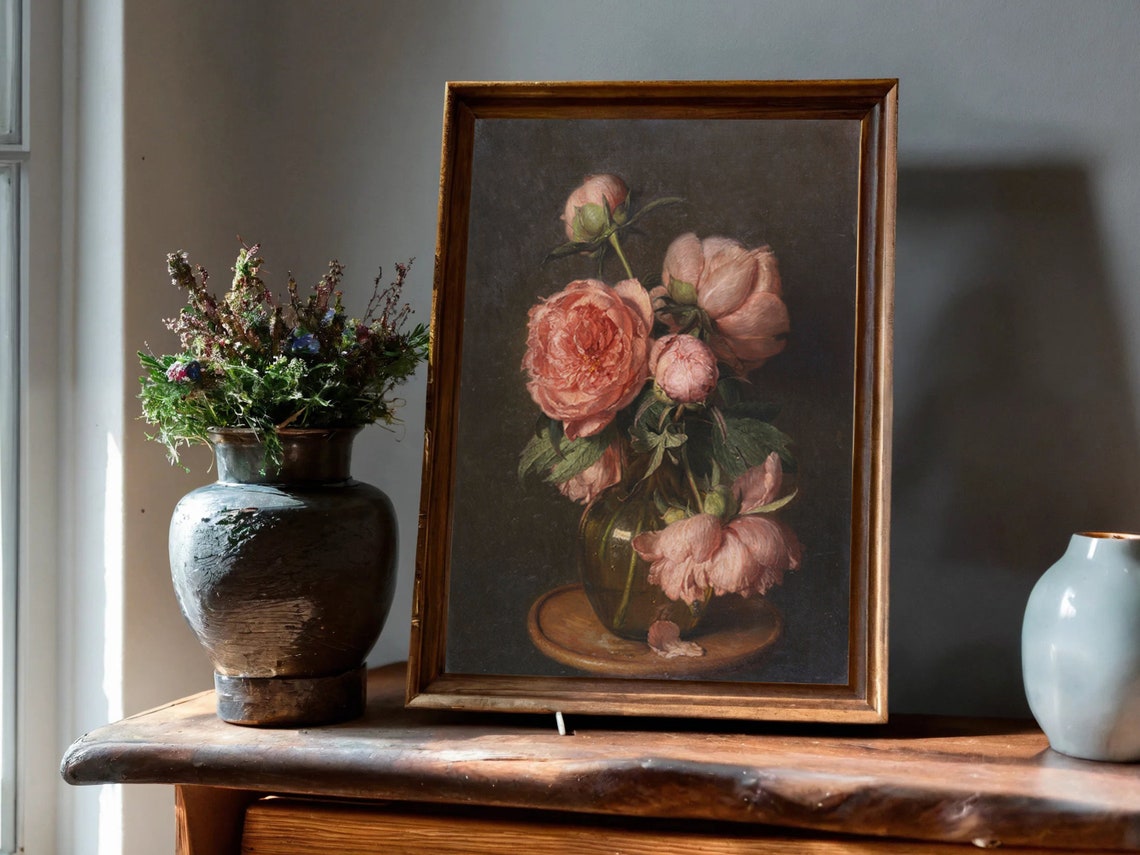 Pink Peonies Glass Vase Moody Dark Floral Still Life Classic Poster - Image 8