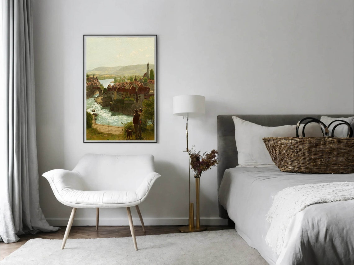 European Riverside Town Red Roofs Two Men Dog Overlook Vintage Poster - Image 4