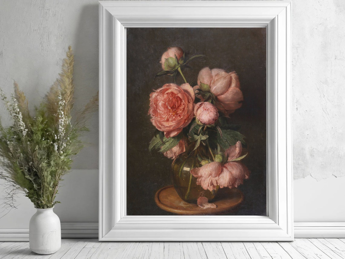 Pink Peonies Glass Vase Moody Dark Floral Still Life Classic Poster - Image 6
