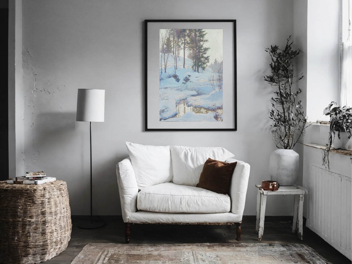 Snowy Pine Forest Stream Winter Landscape Impressionist Painting Poster - Image 3
