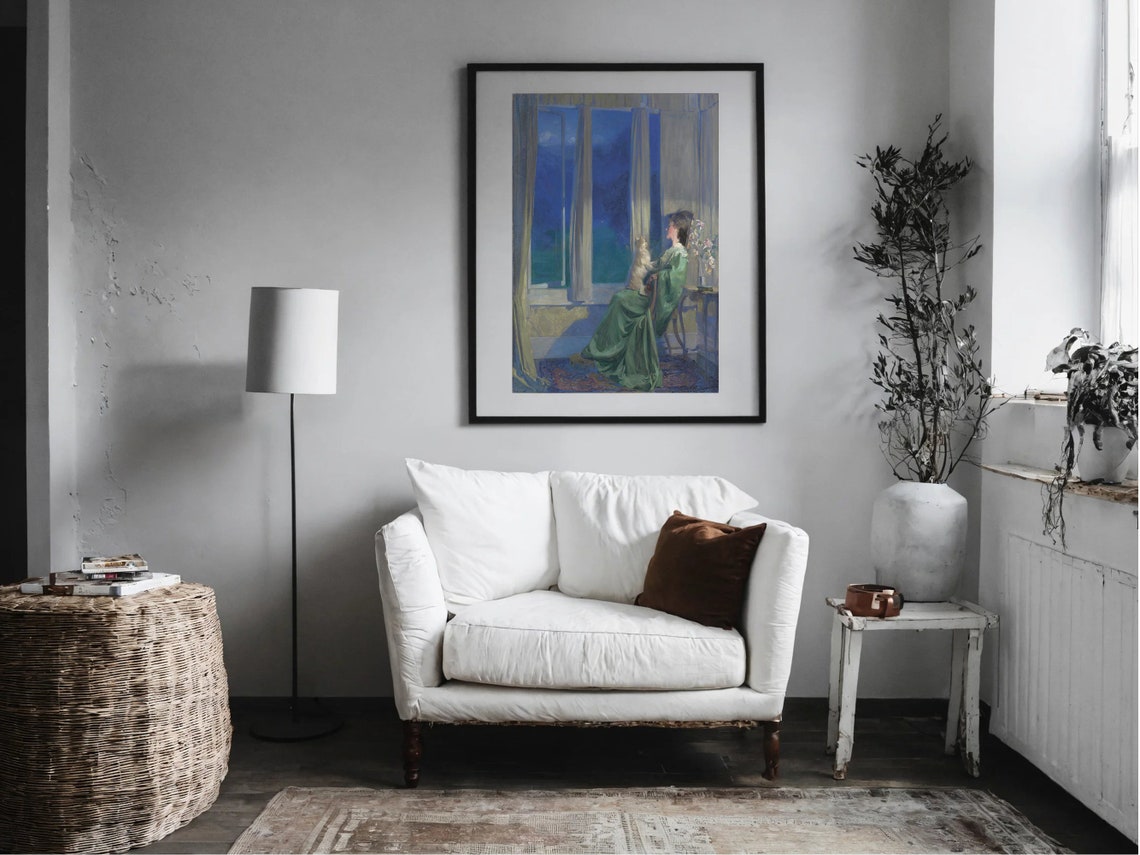 Classic Victorian Blue Evening Woman with Dog by Window Print - Image 5