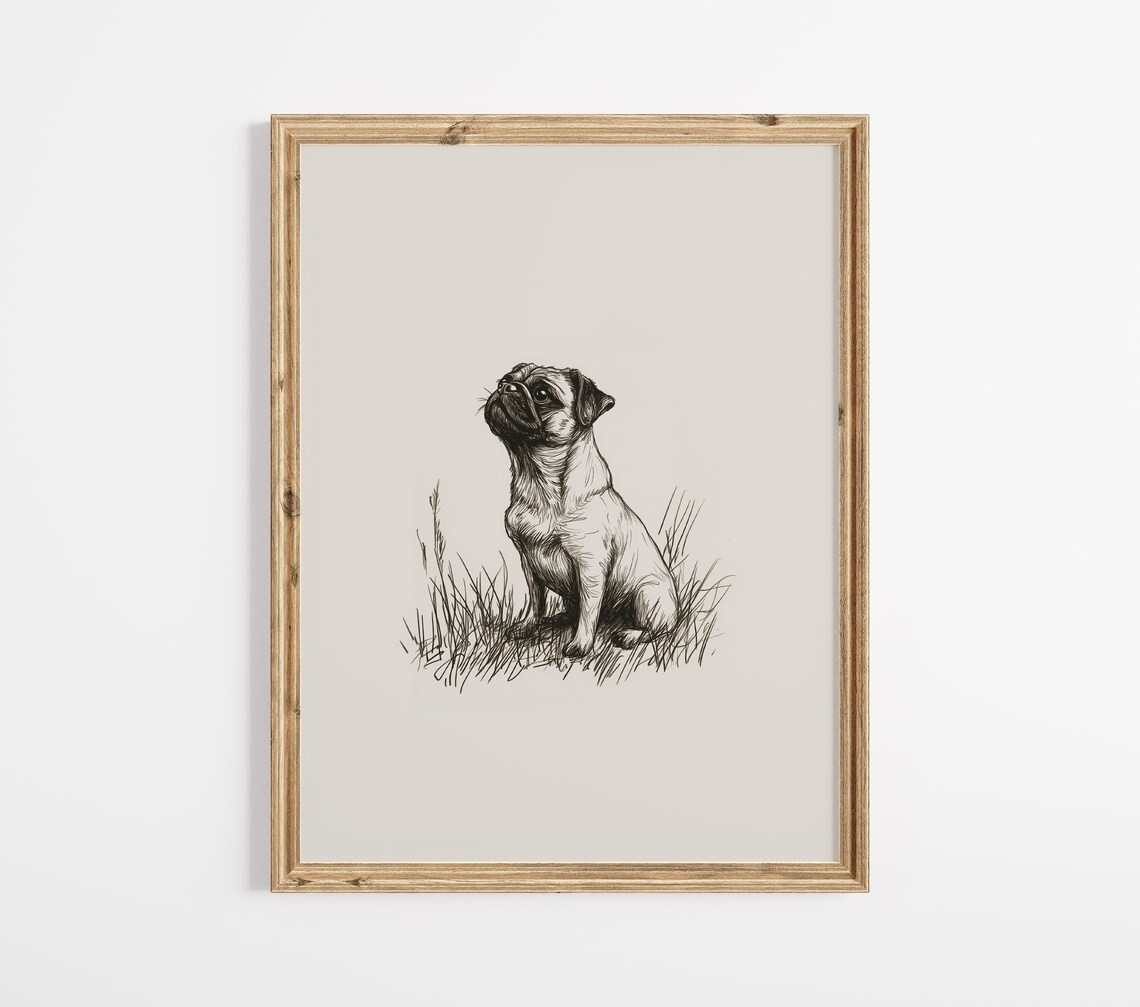 Vintage Pug Sketch Art Print, Farmhouse Dog Decor