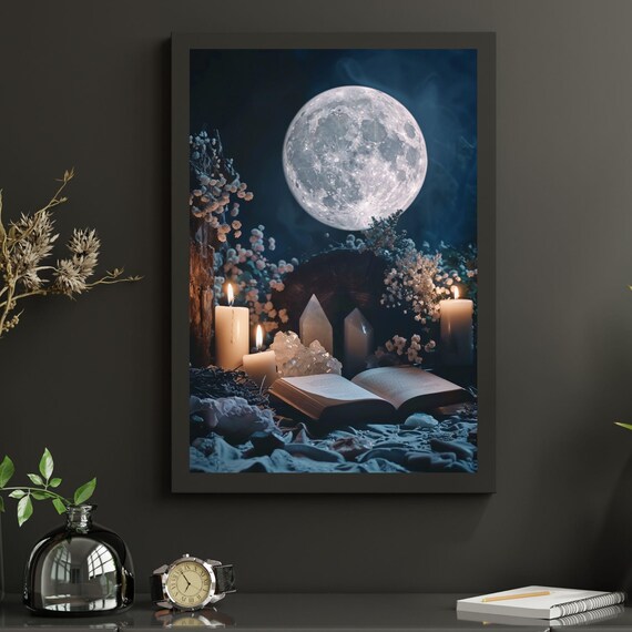 Full Moon Ritual Altar Candles Crystals Spell Book Witchy Poster