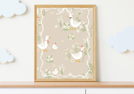 Goose Wall Art Girl Room Print Playroom Decor Pink Poster Cottage Core Trendy Cute Floral Girly